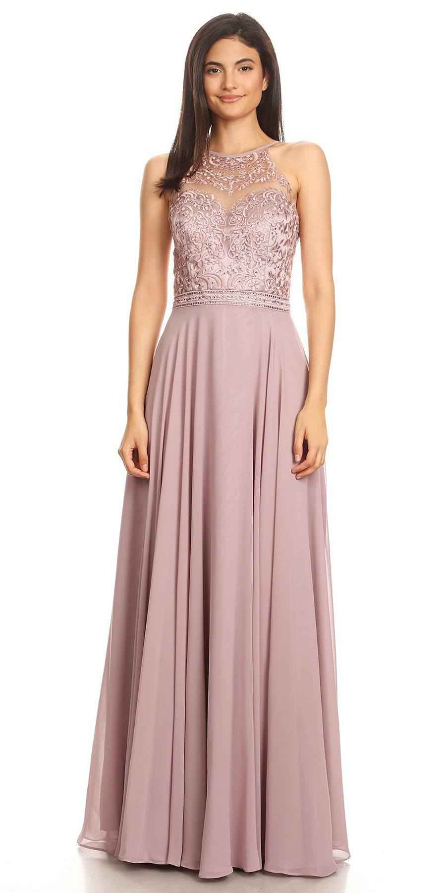 CLEARANCE - Eureka 8111 Chiffon Halter A-line Long Dress Lace Appliqued Bodice (Size L)
