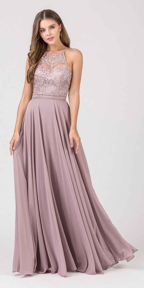 CLEARANCE - Eureka 8111 Chiffon Halter A-line Long Dress Lace Appliqued Bodice (Size L)
