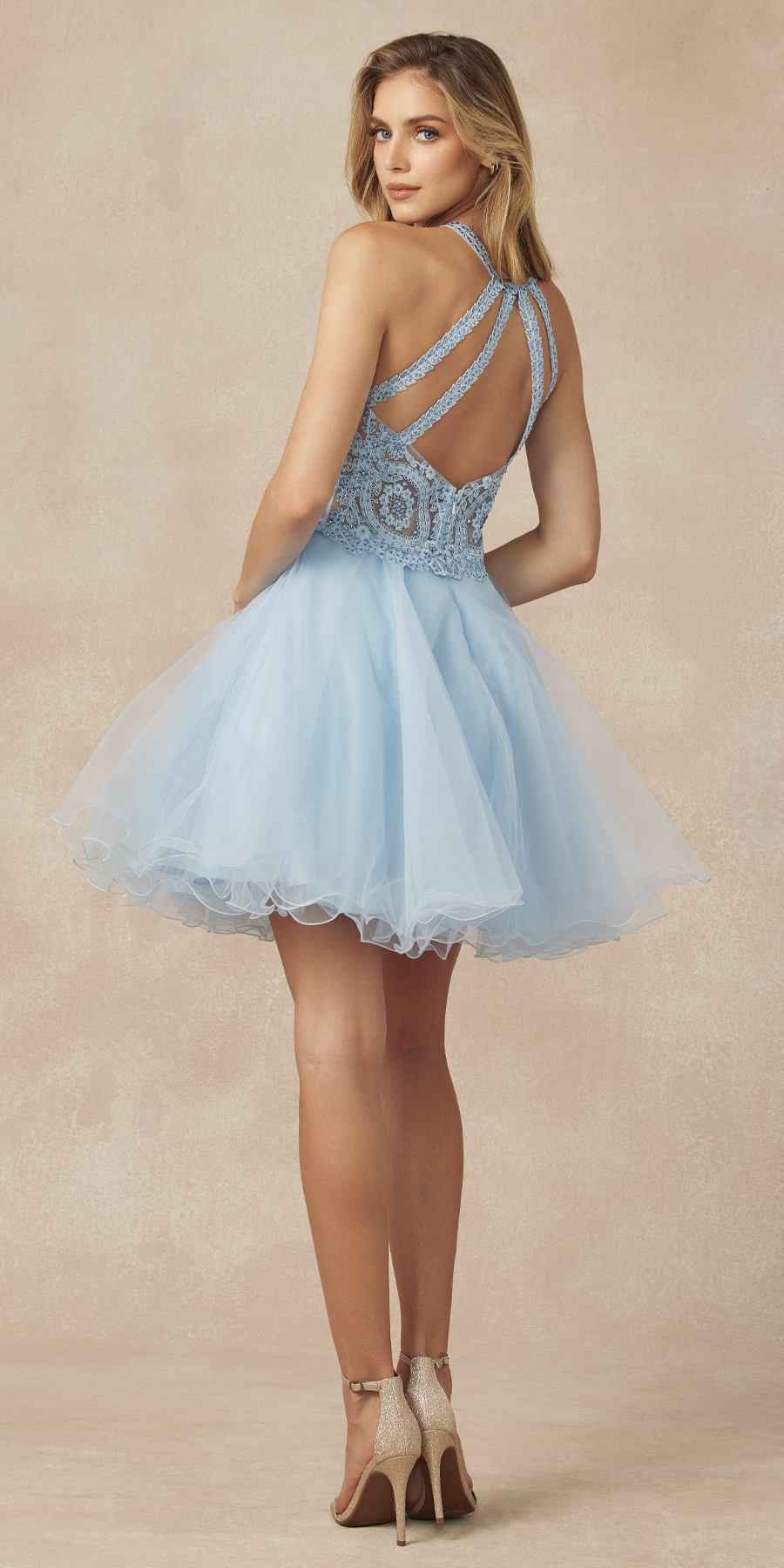 Juliet 826 Fit-and-Flare Halter Neck Short Party Dress