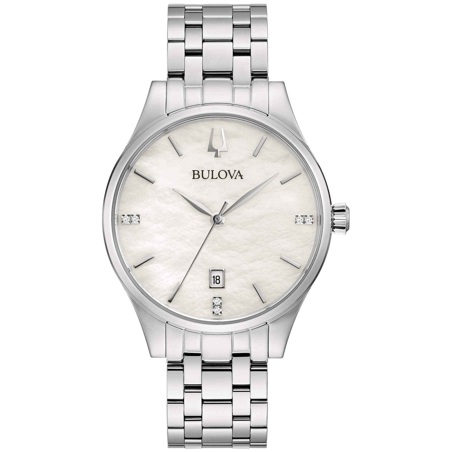 Bulova Ladies Classic Diamond Dial Stainless Steel 3-Hand Calendar Date Quartz Watch White Mother-of-Pearl Style: 96P220