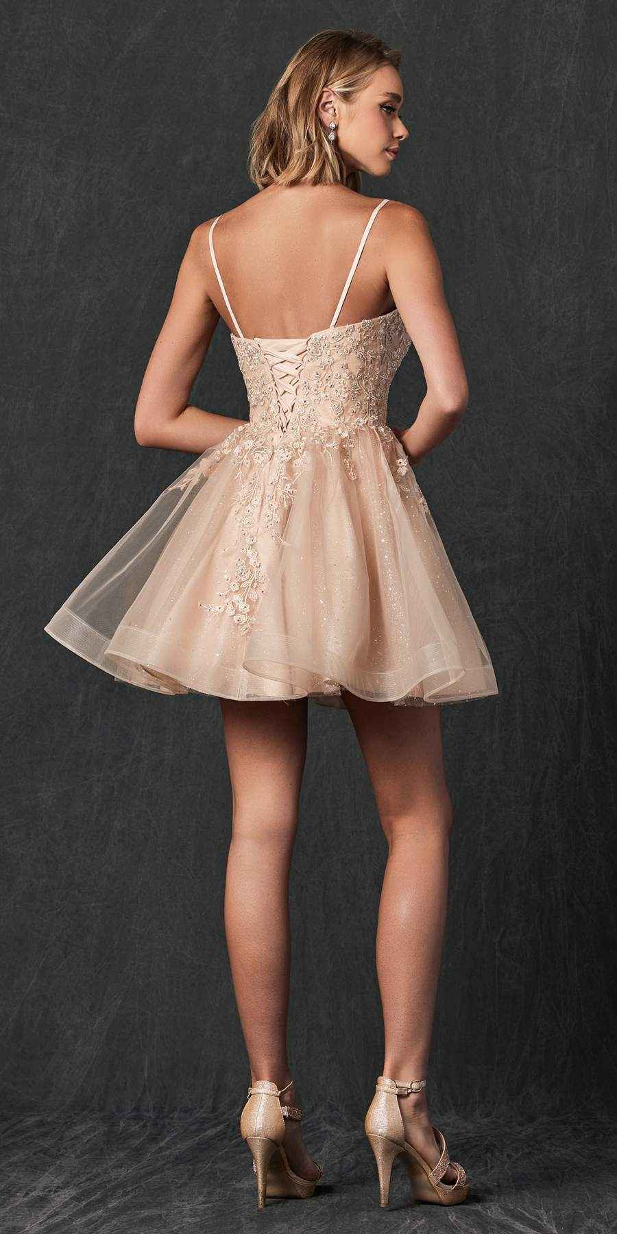Juliet 859 Short Floral Applique Glitter Tulle A-Line Dress