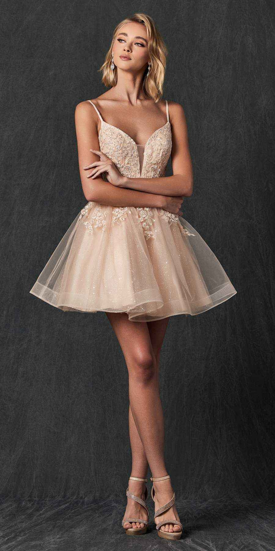 Juliet 859 Short Floral Applique Glitter Tulle A-Line Dress