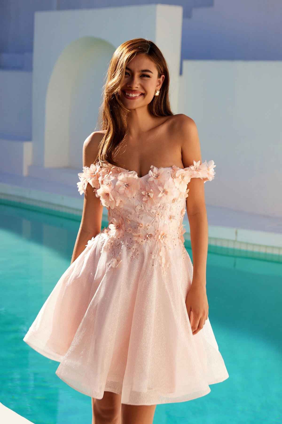 Juliet 861 Floral Embroidered Glitter Mesh Short A-Line Dress