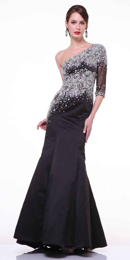 Cinderella Divine 8789 Mermaid Dress One Shoulder Sleeve Embellished Sheer Bodice