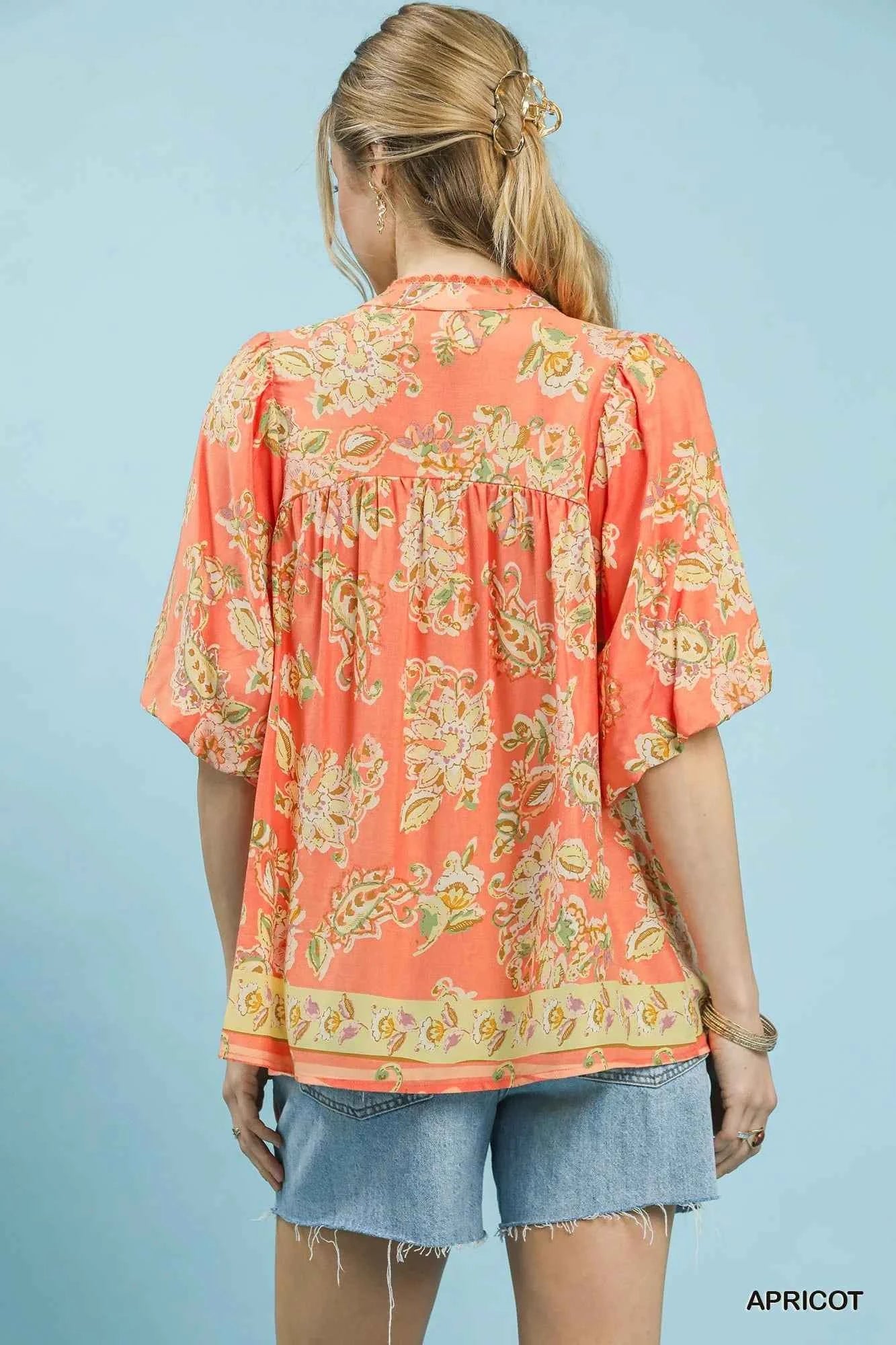 Umgee Apricot Floral Boho Blouse