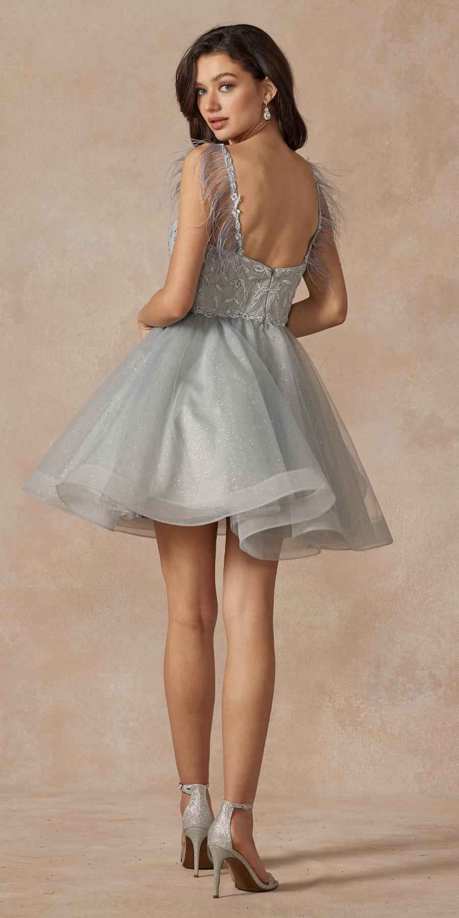 Juliet 881 Feather Straps Sheer Bodice Short A-line Tulle Dress