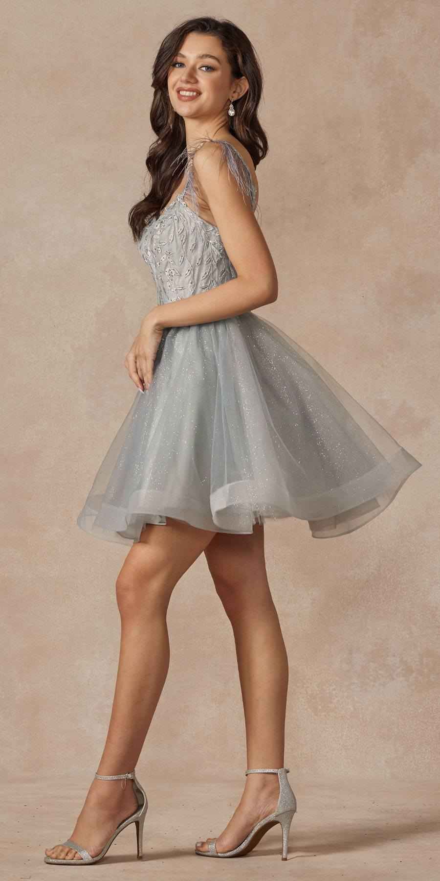 Juliet 881 Feather Straps Sheer Bodice Short A-line Tulle Dress