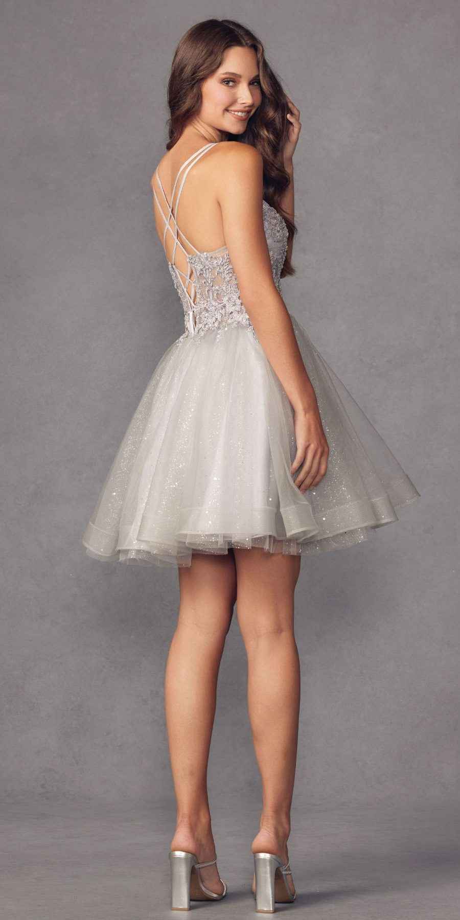 Juliet 883 Short A-Line Glitter Tulle Skirt Square Neck Thin Strap Dress