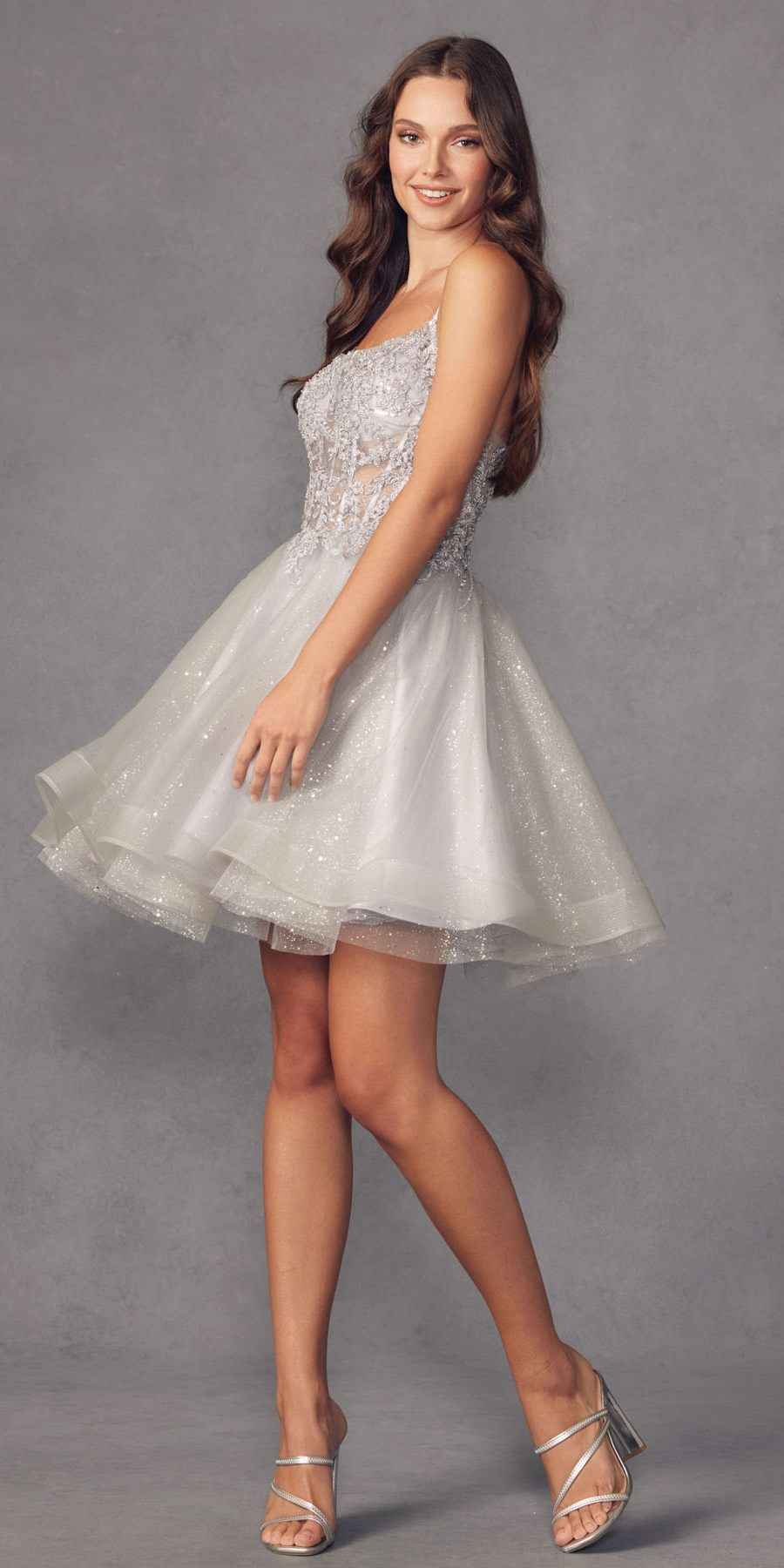 Juliet 883 Short A-Line Glitter Tulle Skirt Square Neck Thin Strap Dress