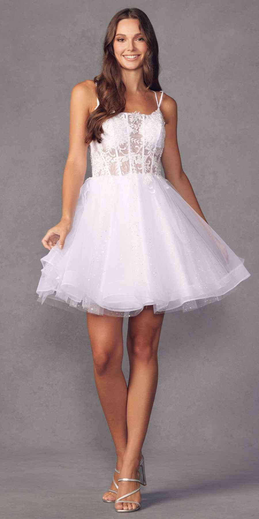 Juliet 883 Short A-Line Glitter Tulle Skirt Square Neck Thin Strap Dress