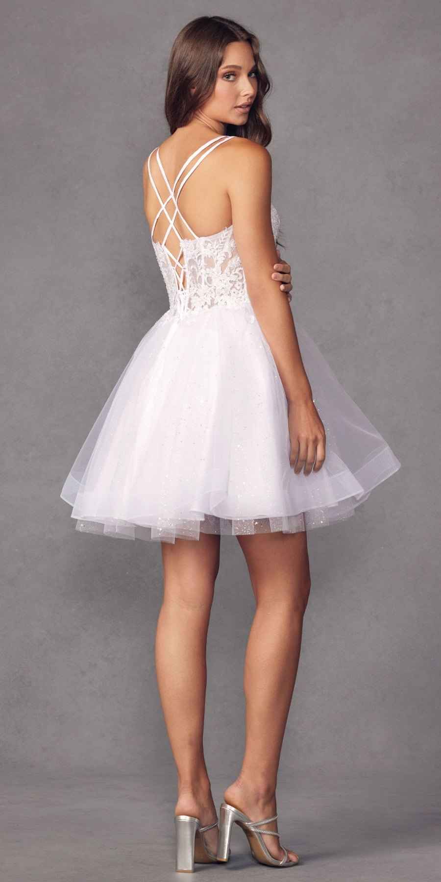 Juliet 883 Short A-Line Glitter Tulle Skirt Square Neck Thin Strap Dress