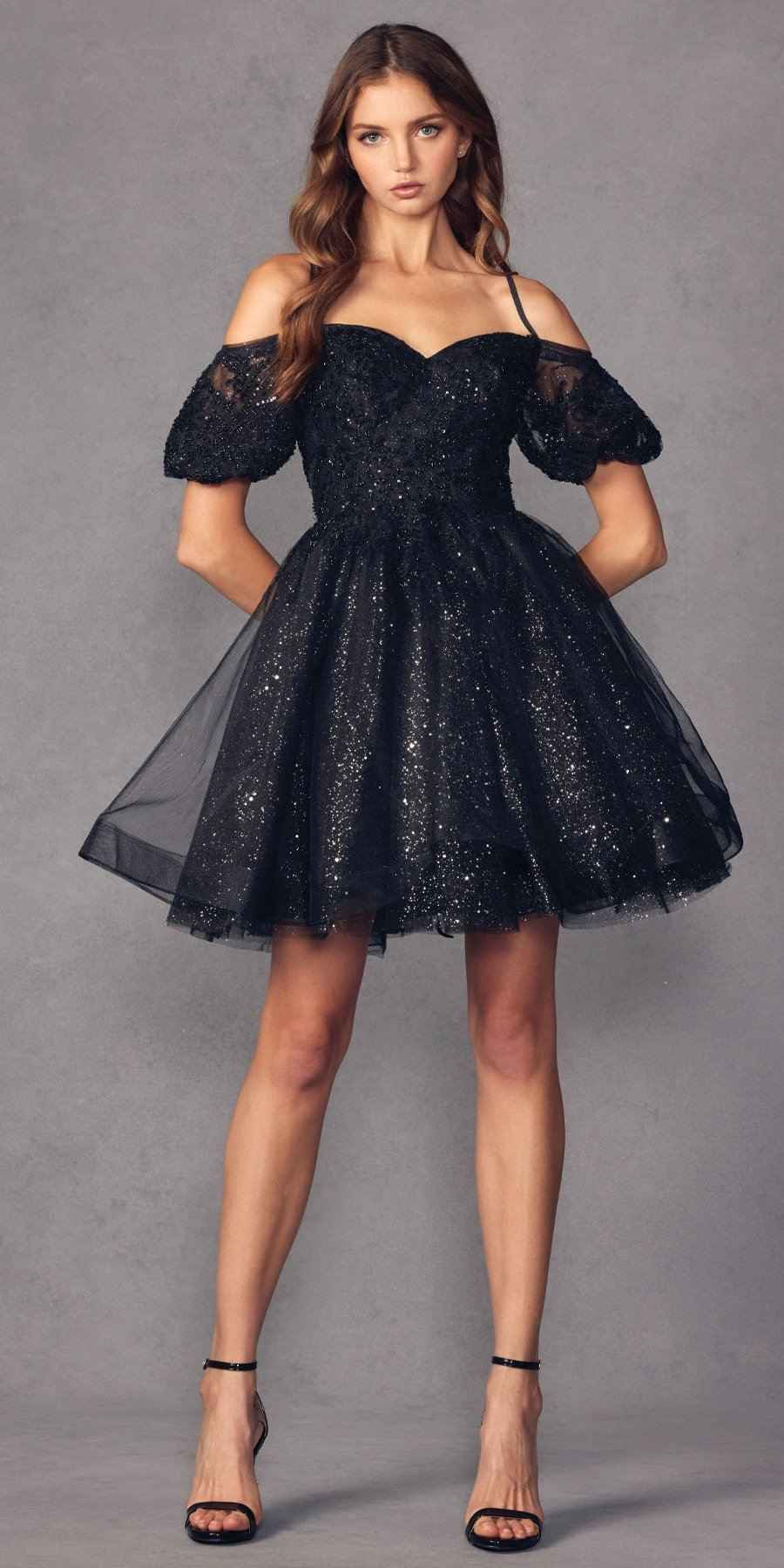 Juliet 886 Short Removable Off Shoulder Puff Sleeves A-Line Tulle Dress