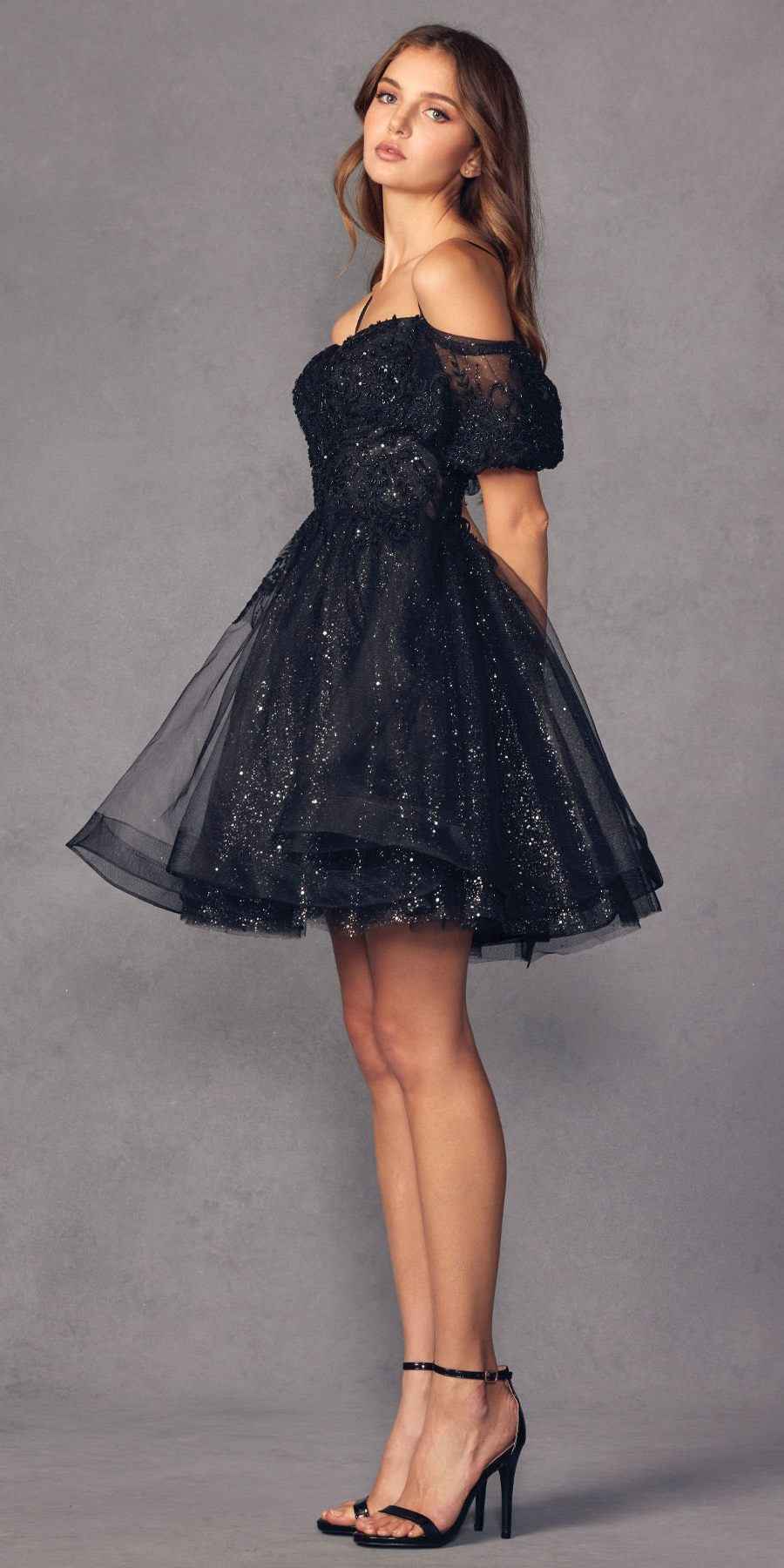 Juliet 886 Short Removable Off Shoulder Puff Sleeves A-Line Tulle Dress