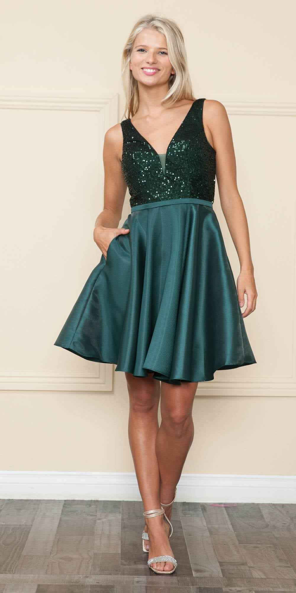 CLEARANCE - Poly USA | Ed Young 8954 Short A-Line Sequin Bodice Dress with Pockets (Size M)