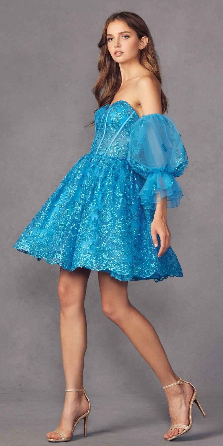 Juliet 895 Short A-Line Glitter Boned Dress Detachable Puff Sleeves
