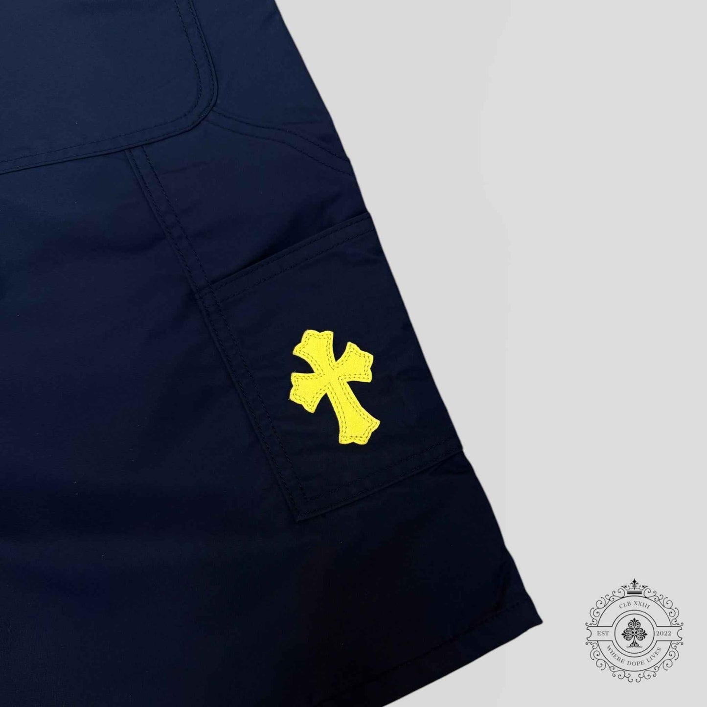 Chrome Hearts Nylon Leather Knee Shorts in Navy