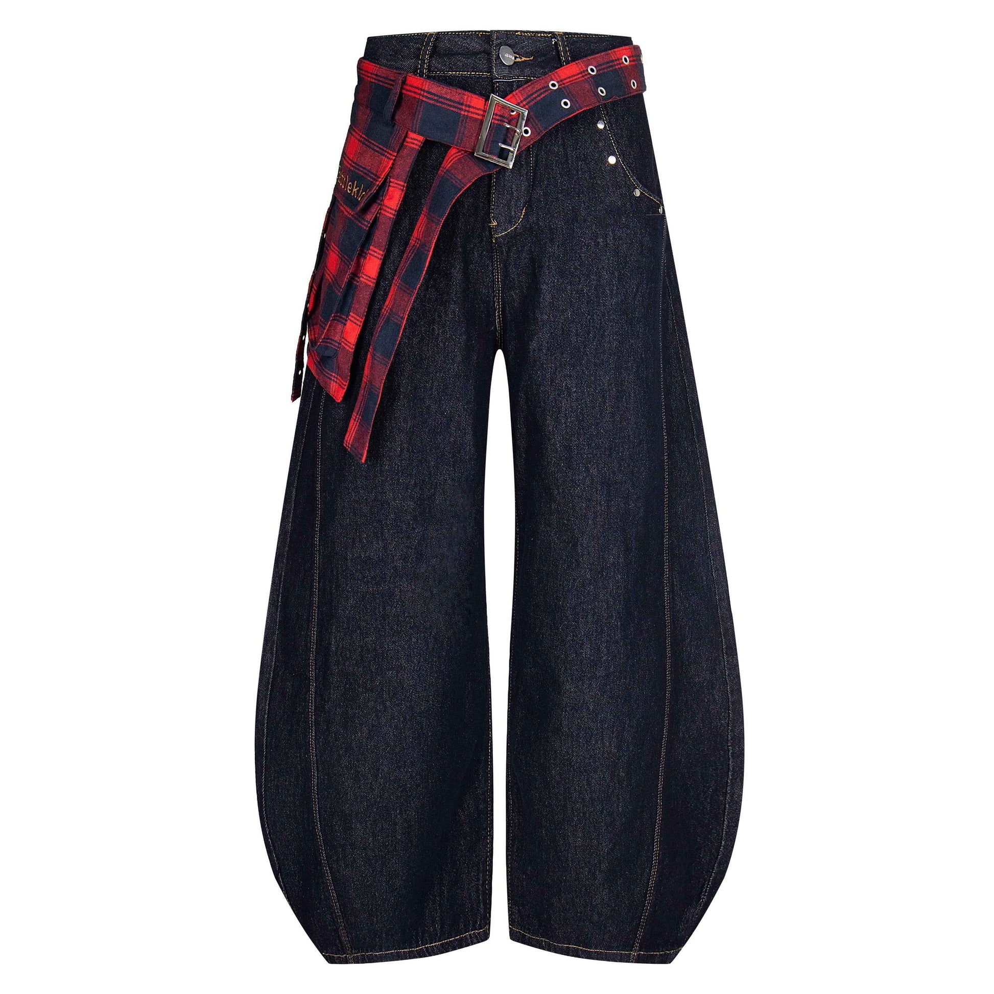 Plaid Reign | Wide-Leg Denim Trousers with Flannel Accent