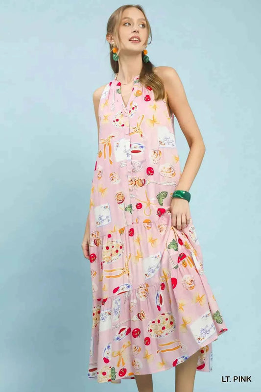 Umgee Abstract Print Tiered Halter Midi Dress