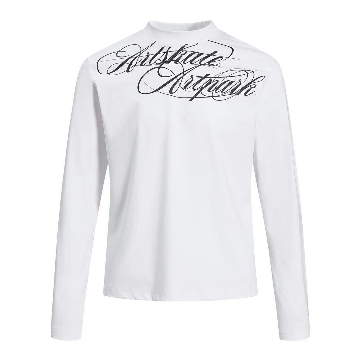 Cropped Mock Neck Cursive Script Print Long Sleeve