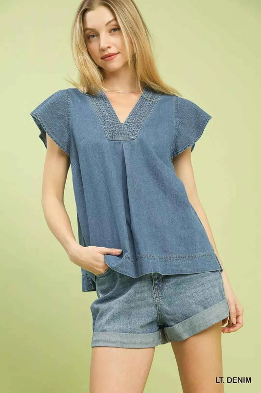 Umgee Cap Sleeve Denim Top