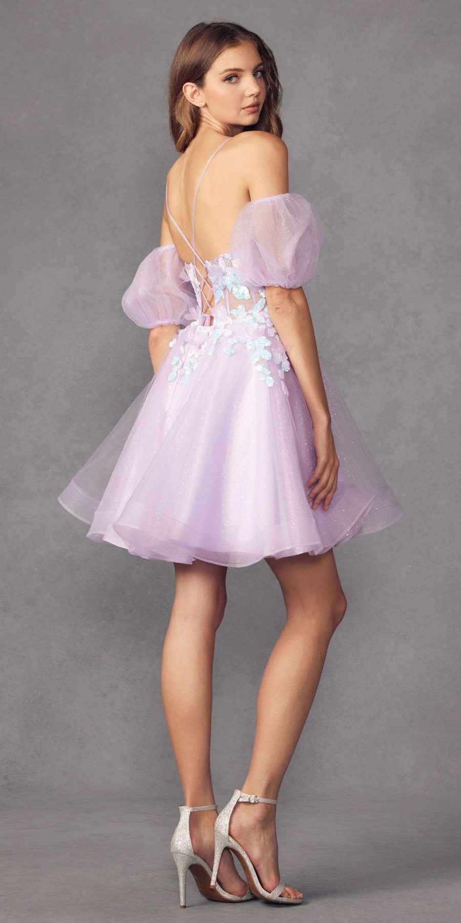 Juliet 901 Short Removable Puff Sleeves A-Line Glitter Tulle Dress