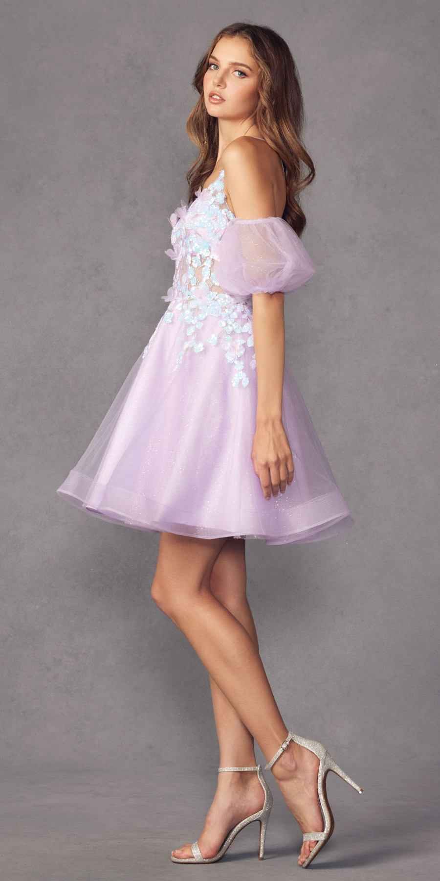 Juliet 901 Short Removable Puff Sleeves A-Line Glitter Tulle Dress