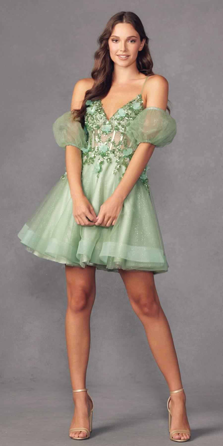 Juliet 901 Short Removable Puff Sleeves A-Line Glitter Tulle Dress