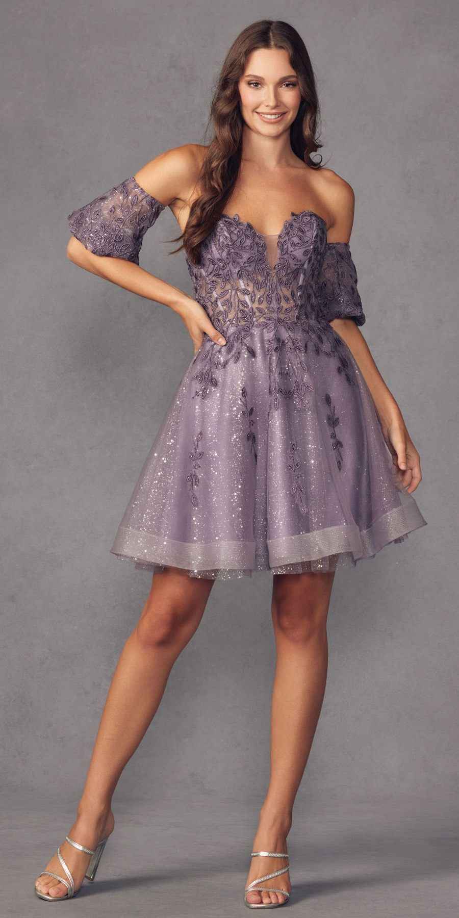 Juliet 909 Short A-Line Glitter Print Dress Removable Short Puff Sleeves