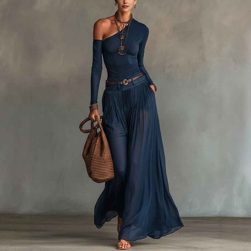 Fashionable Simple Solid Color Asymmetrical Shoulder Long Sleeve Casual Set with Belted Long Dress