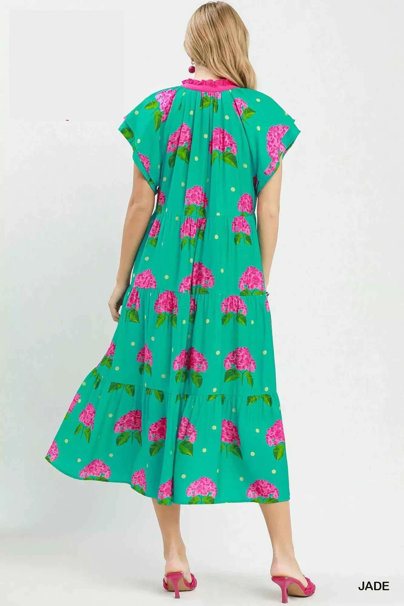 Umgee Hydrangea Print Tiered Midi Dress