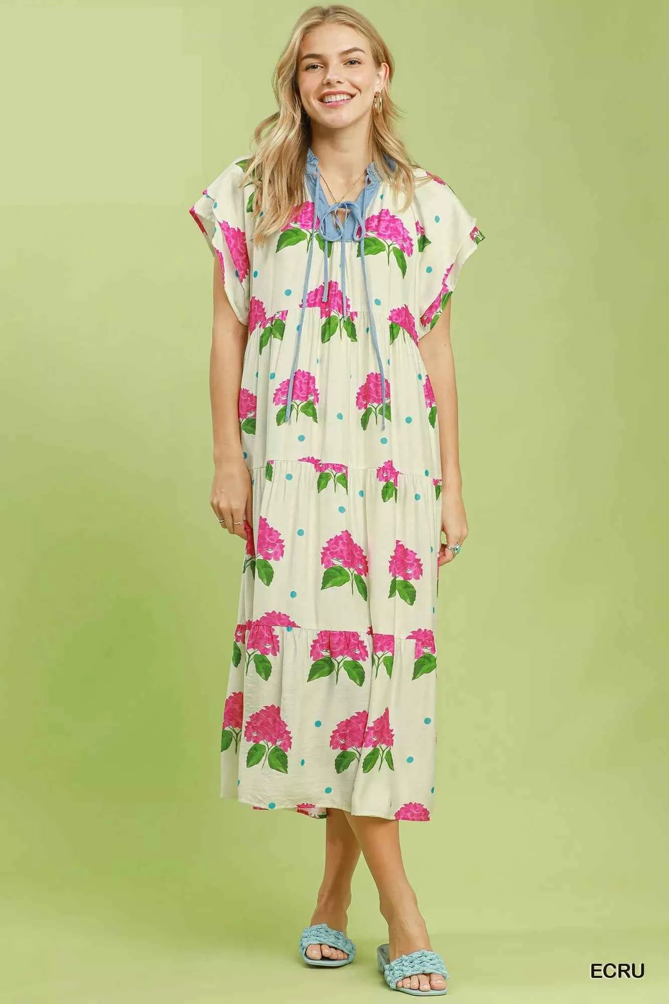 Umgee Hydrangea Print Tiered Midi Dress