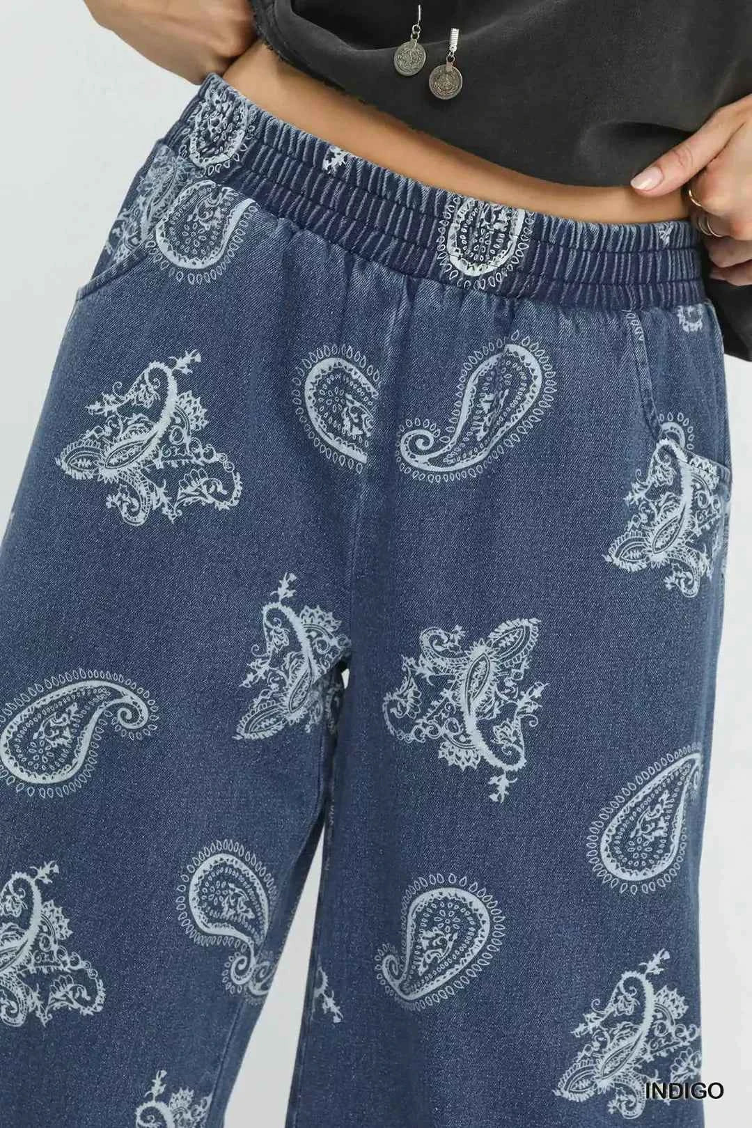 Umgee Denim Paisley Wide-Leg Pants