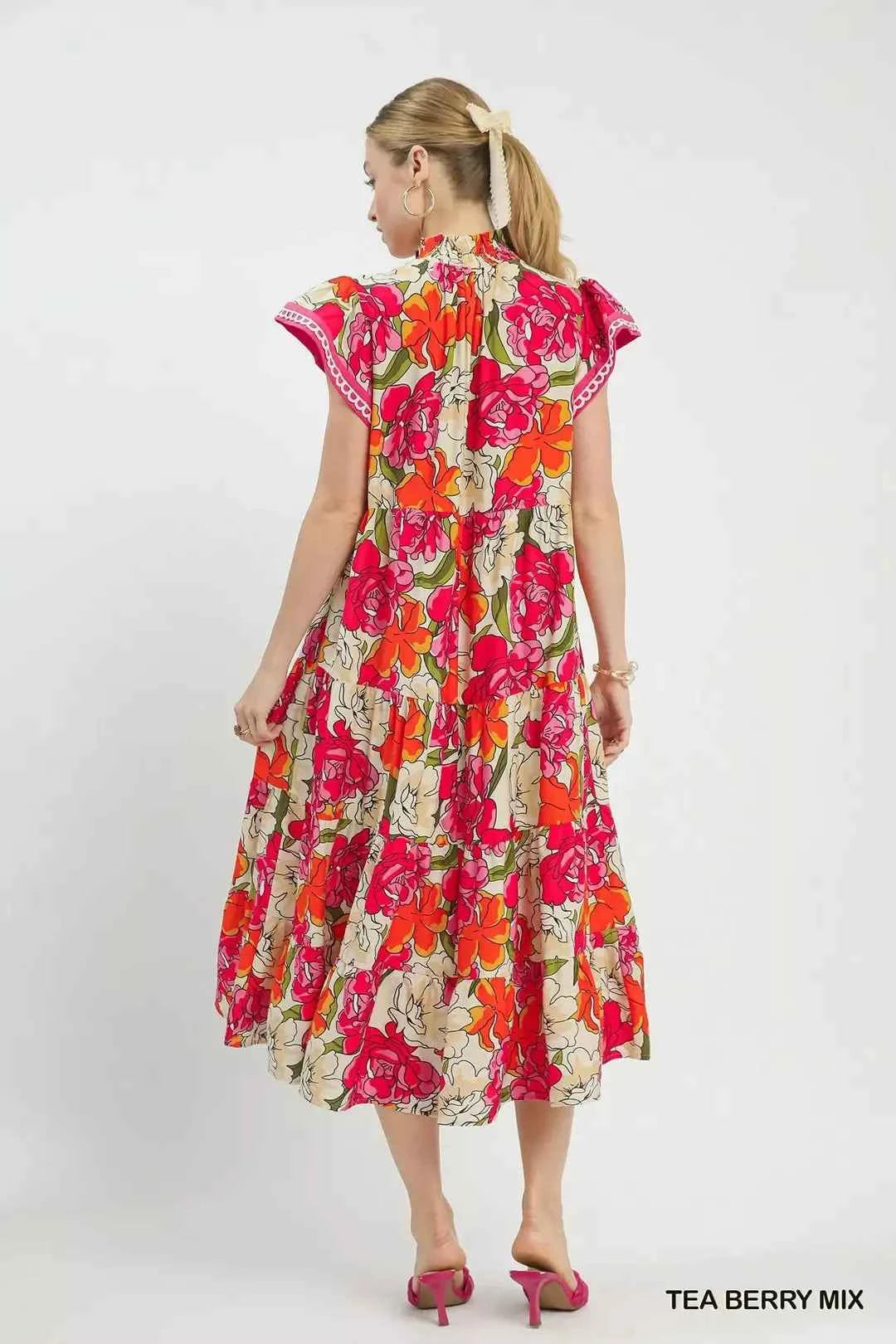 Umgee Mix Bold Floral Tiered Midi Dress