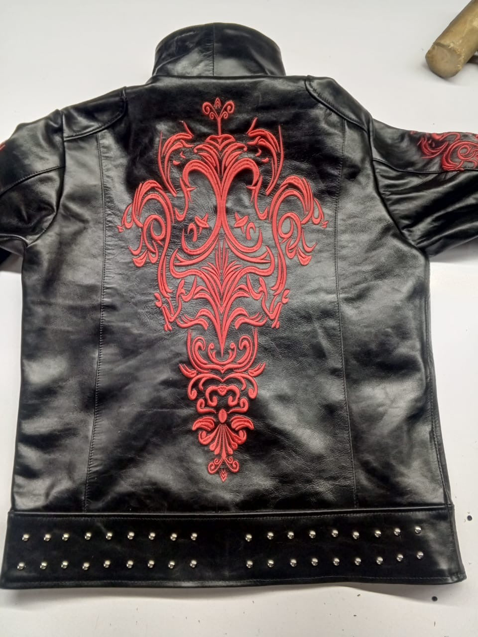Men's Gothic Dragon Black Leather Jacket with Red Embroidery