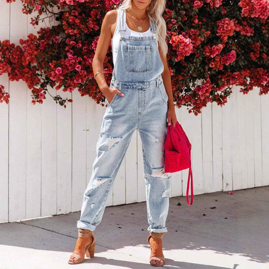 Cropped Blue Denim Overalls for Women with Ripped Details Casual FashionStrap Design, Perfect for Everyday Wear