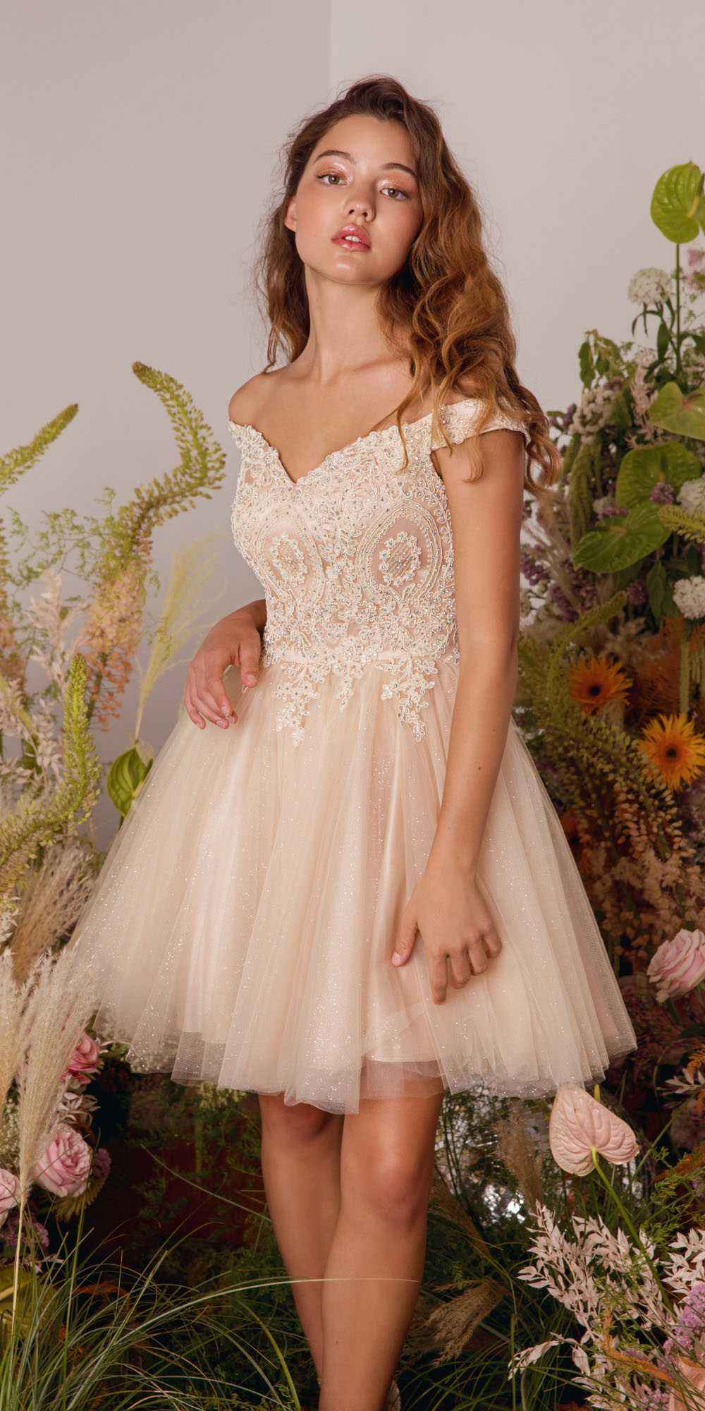 CLEARANCE - Eureka 9833 Short A-Line Off Shoulder Glitter Mesh Dress (Size M)