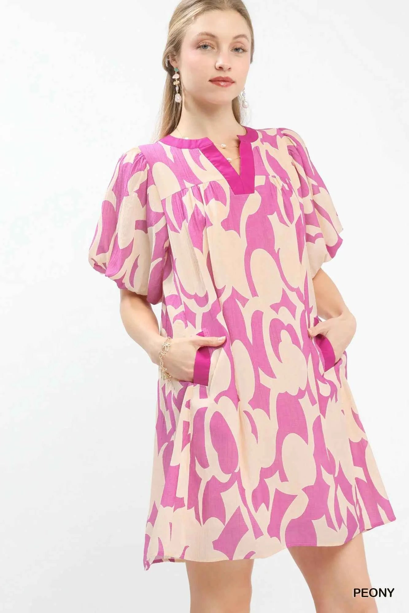 Umgee Abstract Print Puff Sleeve Shift Dress