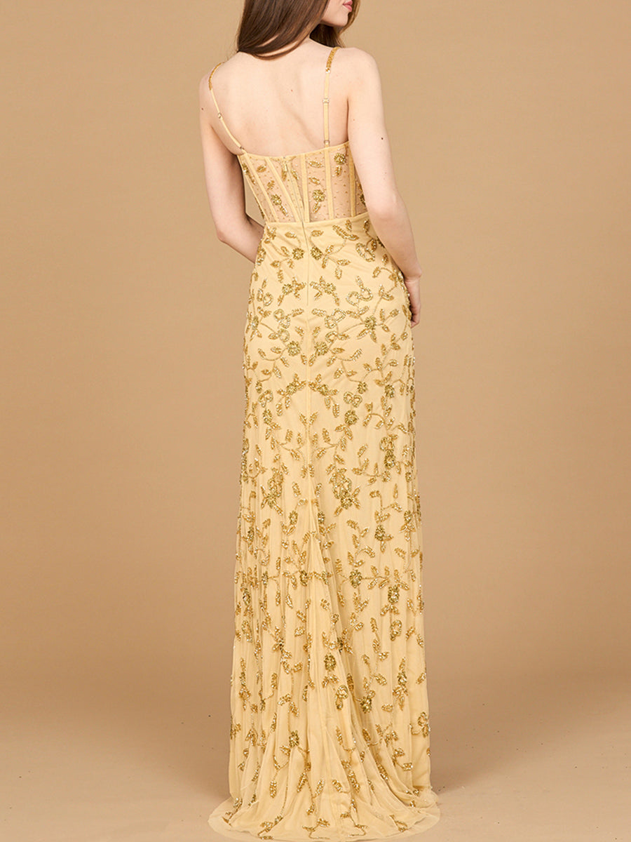 Beaded Corset Gown with Slit - JUSTLUXURY