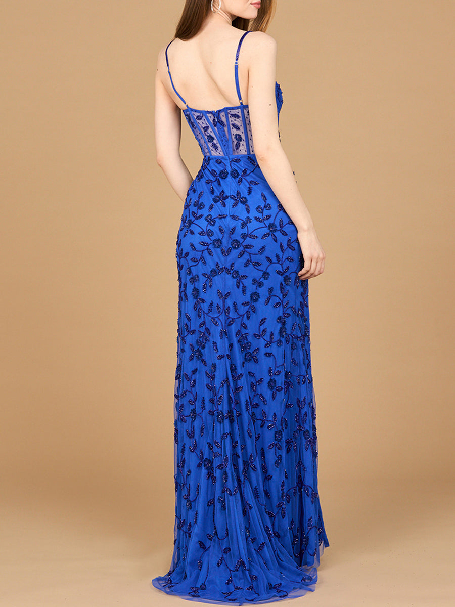 Beaded Corset Gown with Slit - JUSTLUXURY