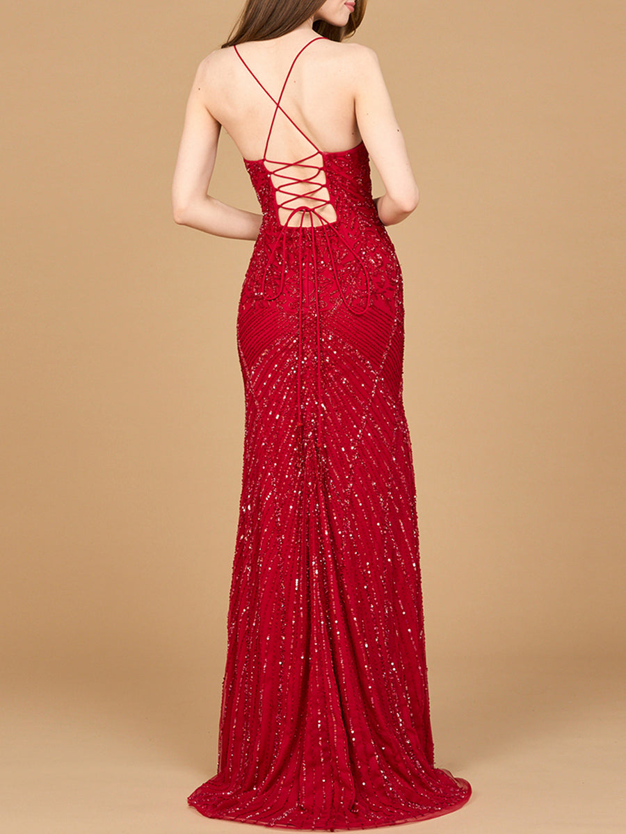 Lace Up Open Back Beaded Dress - JUSTLUXURY
