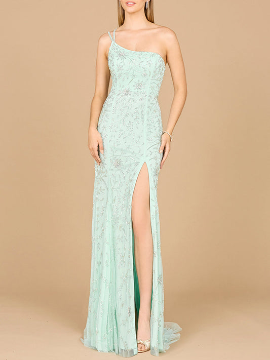 One Shoulder Beaded Gown with Slit - JUSTLUXURY