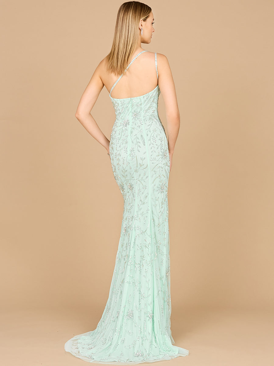One Shoulder Beaded Gown with Slit - JUSTLUXURY