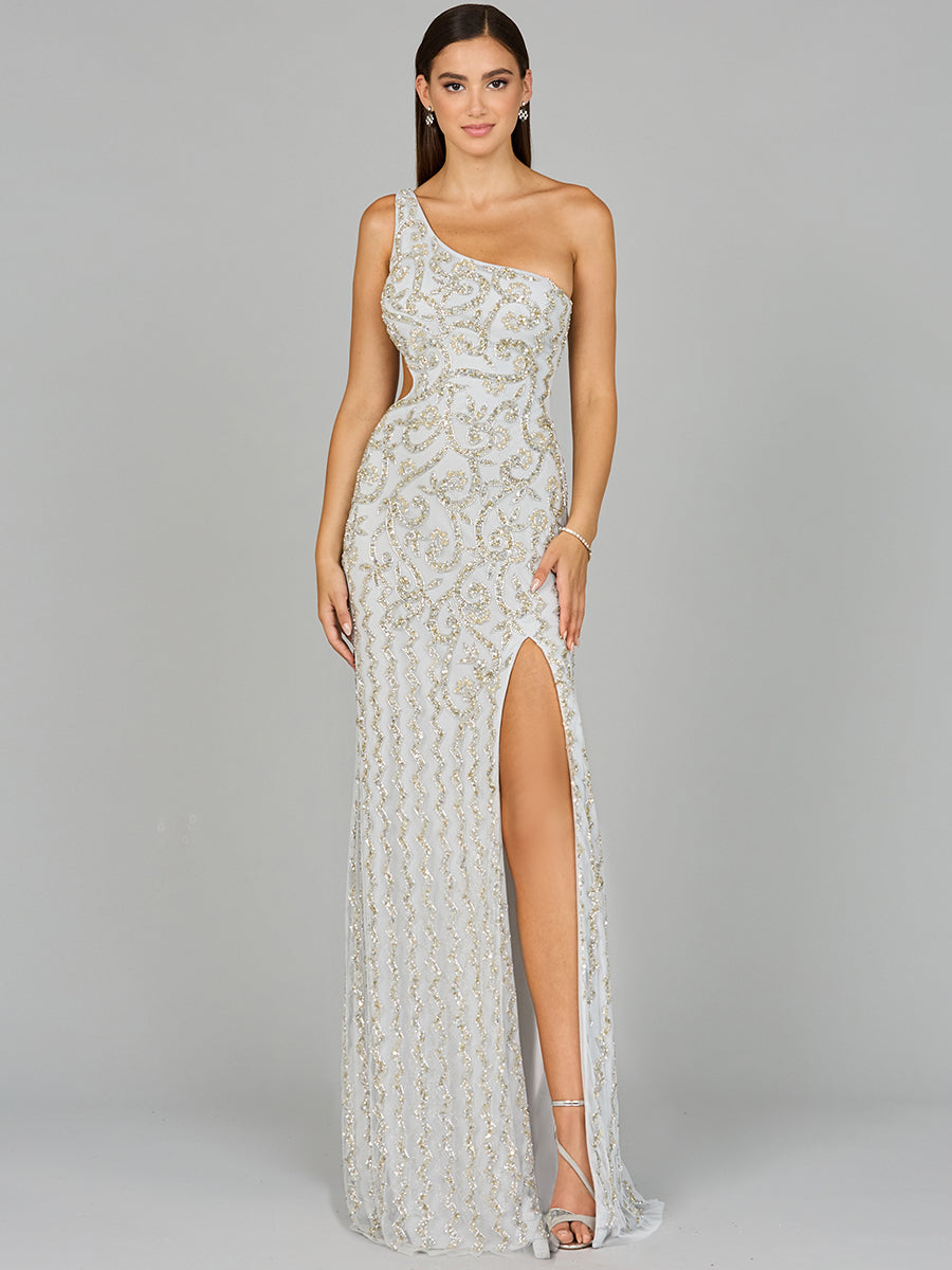 One-Shoulder Beaded Gown with Slit - JUSTLUXURY