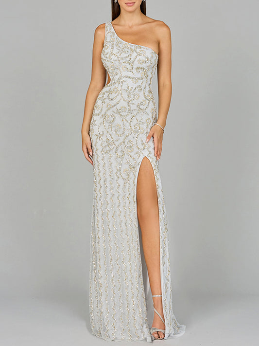 One-Shoulder Beaded Gown with Slit - JUSTLUXURY