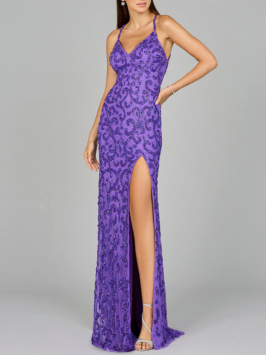 Sultry Beaded Gown with Slit - JUSTLUXURY