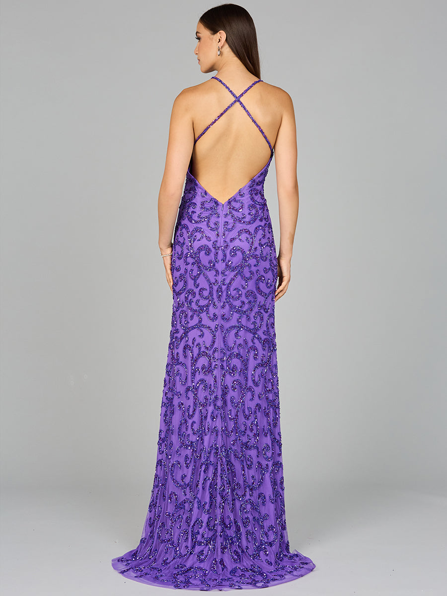 Sultry Beaded Gown with Slit - JUSTLUXURY