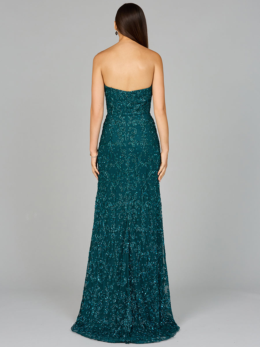 Beaded Strapless Dress with Slit - JUSTLUXURY