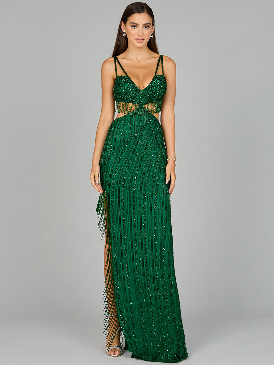 Cutout Beaded Gown with Fringes - JUSTLUXURY