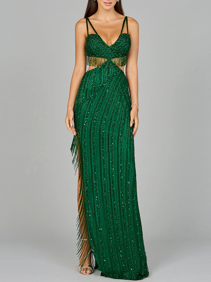 Cutout Beaded Gown with Fringes - JUSTLUXURY