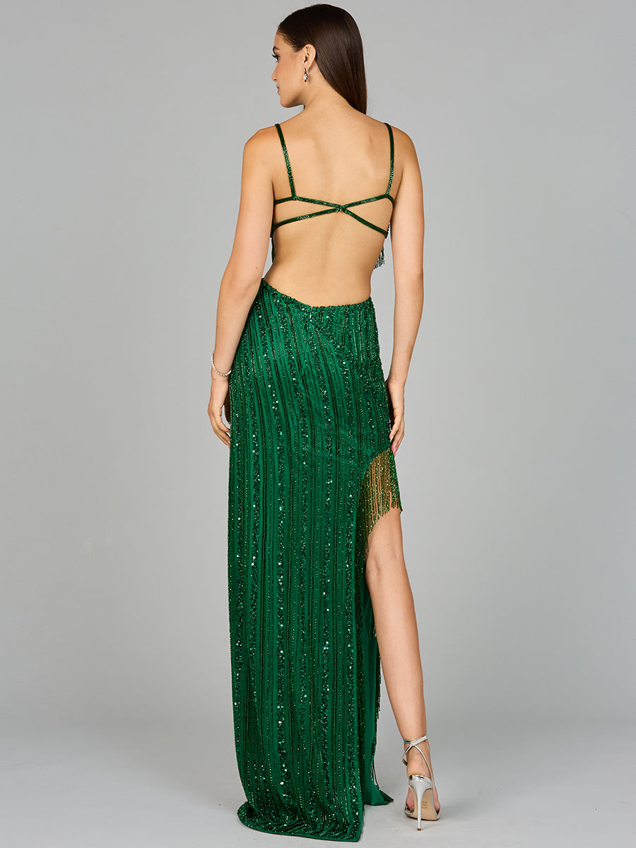 Cutout Beaded Gown with Fringes - JUSTLUXURY